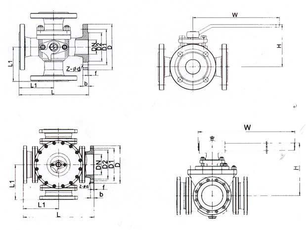 法蘭連接四通球閥結構圖